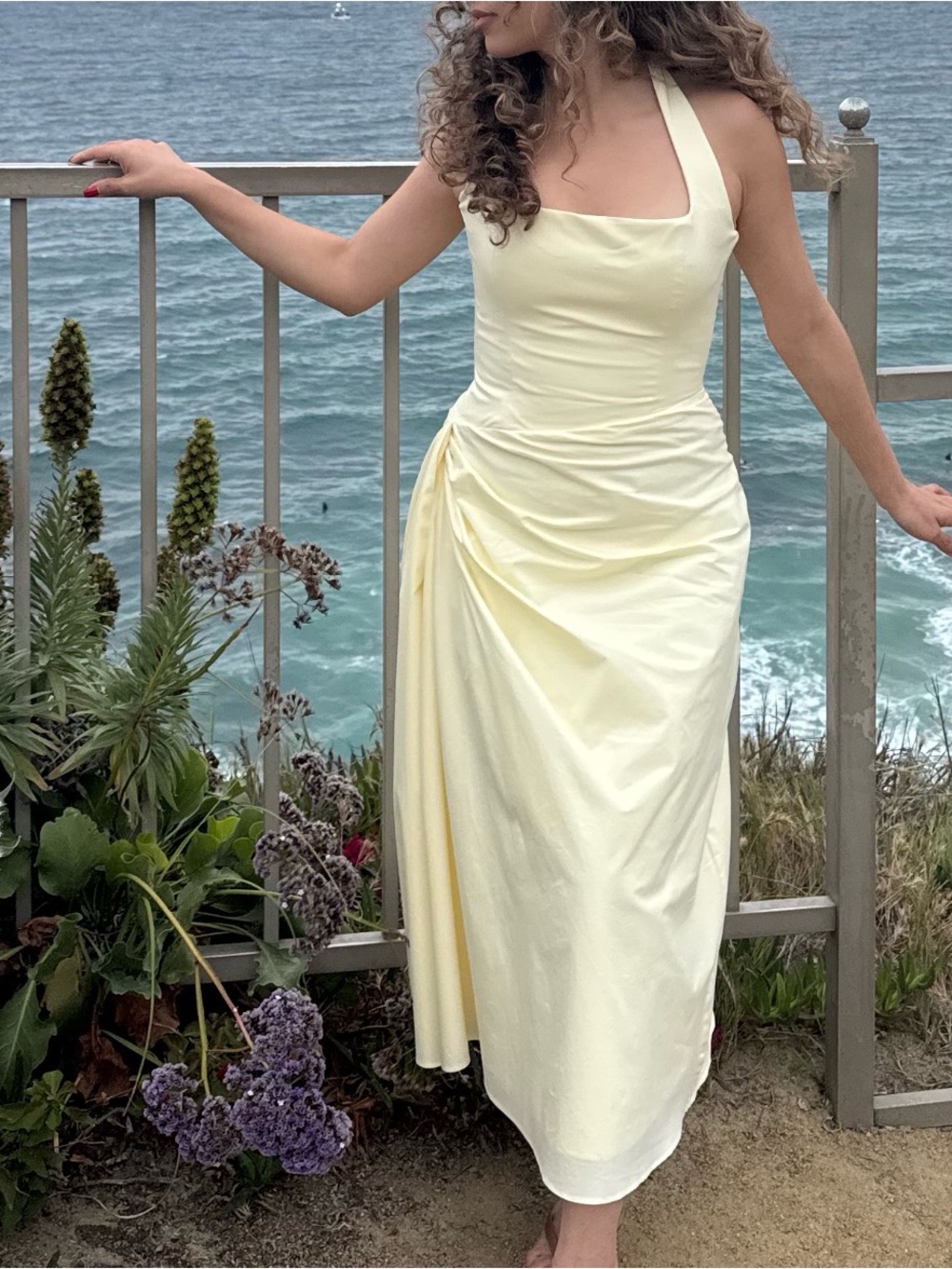 House of CB Pale Yellow Halter Midi Dress